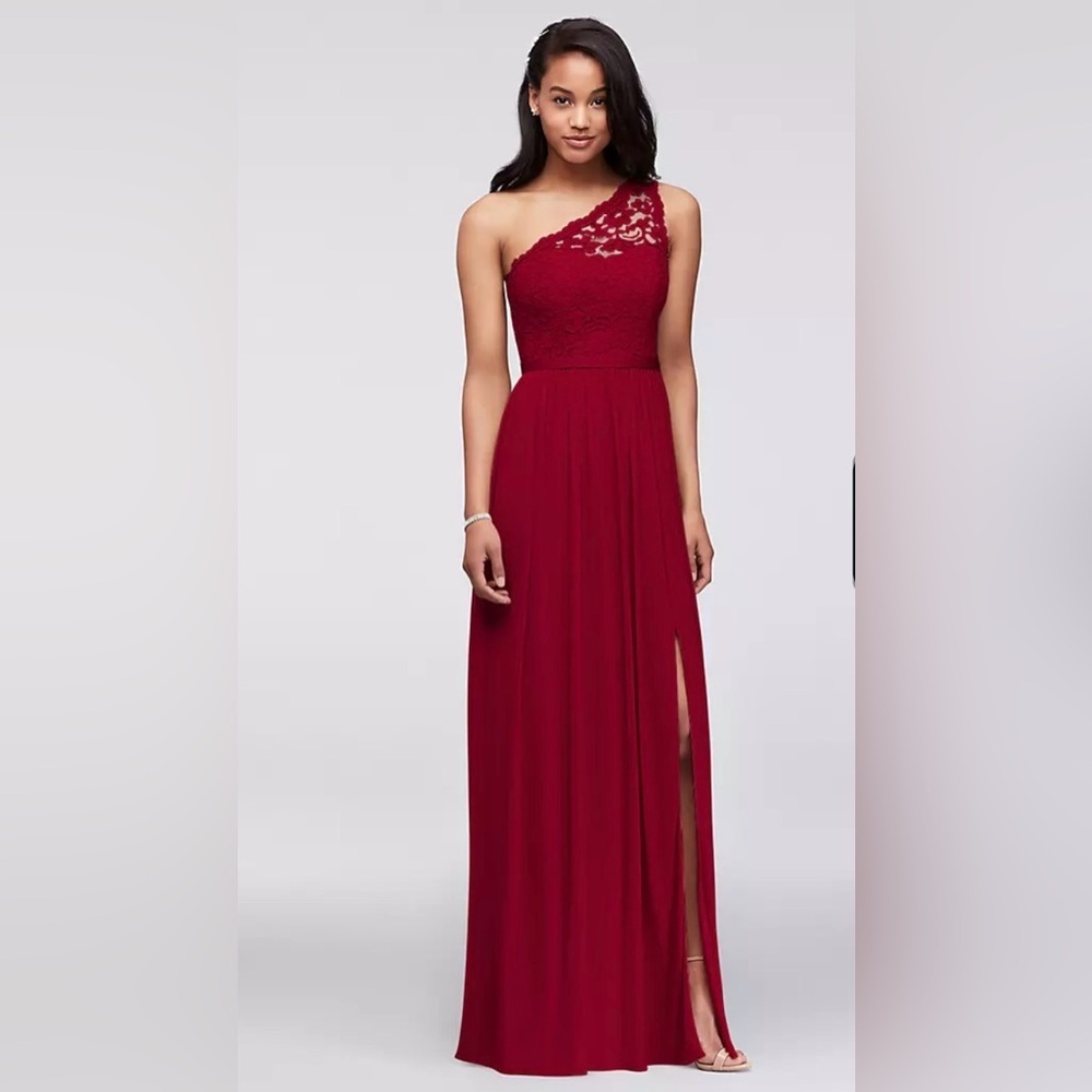 David's Bridal Burgundy One Shoulder Gown